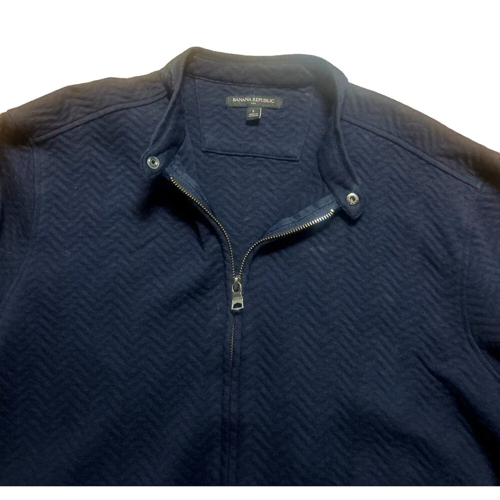 Banana Republic Men L Chevron Full Zip Snap button Cotton Blend Navy Blue Pocket